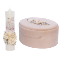 Set trusou botez cu lebada ivoire, lumanare si trusou, 10 piese, REC3380