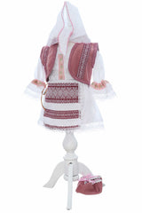 Costumas traditional romanesc pentru botez fetita, alb-roz, 5 piese, Recostore®, REC3504