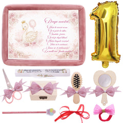 Tava mot fete, aniversare 1 an, model cu Lebada, catifea roz pudrat, 10 piese, 34x25 cm, REC5011/45