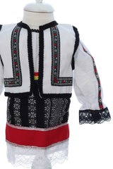 Costumas traditional romanesc pentru botez fetita, alb-negru, 5 piese, Recostore®, REC3510