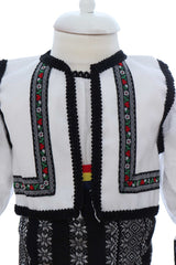 Costumas traditional romanesc pentru botez fetita, alb-negru, 5 piese, Recostore®, REC3510