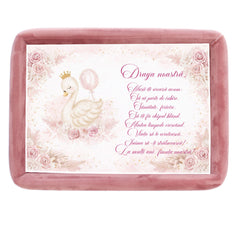 Tava mot fete, aniversare 1 an, model cu Lebada, catifea roz pudrat, 10 piese, 34x25 cm, REC5011/45