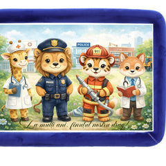 Tava mot baieti, aniversare 1 an, model Animalute cu meserii, catifea albastru, 10 piese, 34x25 cm, REC5011/46