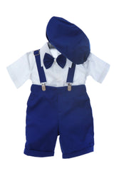 Costum cu maneca scurta pentru botez baieti, albastru electric compus din 4 piese, Pantaloni cu beretele, Camasa tip body, Papion si Bascuta, Recostore®, REC2706