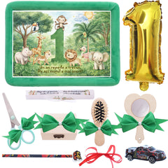 Tava mot baieti, aniversare 1 an, model Jungla, catifea verde, 10 piese, 34x25 cm, REC5011/49