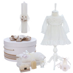 Trusou simplu cu flori de bumbac pentru botez fete, 11 piese, REC3387