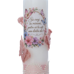 Lumanare pentr botez cu fluturi si mesaj "Sa crezi in minuni, pentru ca tu esti una dintre ele", 30x7 cm, Recostore®, REC5002/56