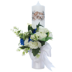 Set doua lumanari pentru nunta/cununie, design cu verighete si flori artificiale, Recostore® REC5001/71