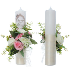 Set doua lumanari pentru nunta/cununie, design cu mesaj "Azi incepe pentru totdeauna" si flori artificiale, Recostore® REC5001/72