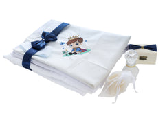 Set botez baieti cu Print, culoare crem-bleumarin, costum print, trusou, si lumanare, REC3179