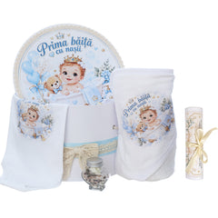 Set "Prima baita cu nasii" model baietel in cadita, 5 piese, body, prosop, borcan mirodenii, scrisoare si cutie, Recostore® REC3542