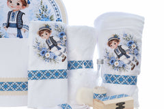 Trusou botez traditional cu baietel taranus, albastru, 8 piese, Recostore®, REC3544