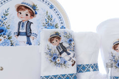 Trusou botez traditional cu baietel taranus, albastru, 8 piese, Recostore®, REC3544