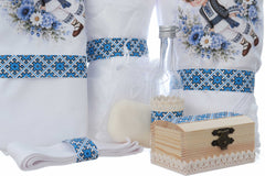 Trusou botez traditional cu baietel taranus, albastru, 8 piese, Recostore®, REC3544