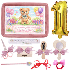 Tava mot fete, aniversare 1 an, model cu Ursulet, catifea roz, 10 piese, 34x25 cm, REC5011/53