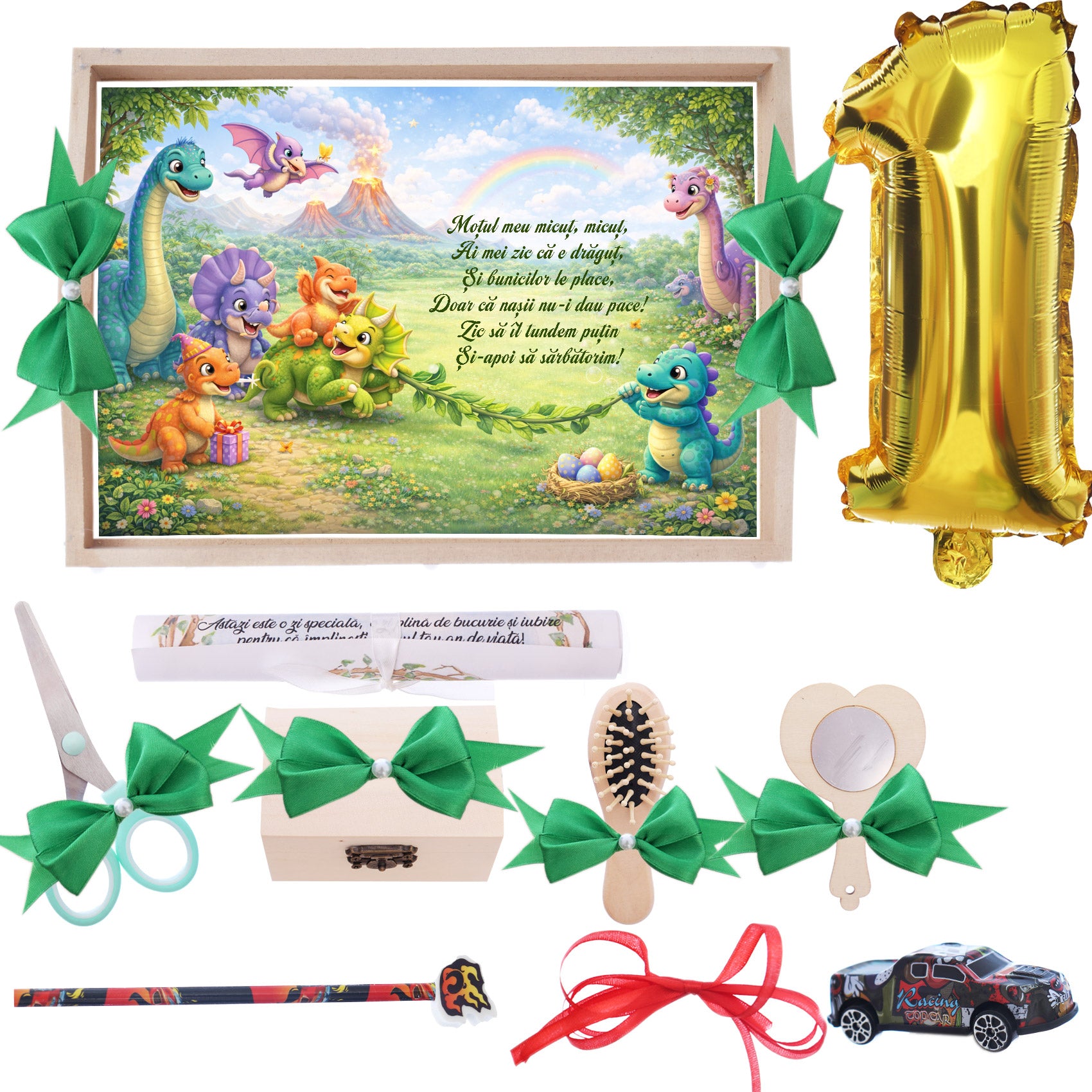 Tava pentru taiere mot, model cu Dinozauri, Verde, 10 piese, 35x20 cm, REC1967/363