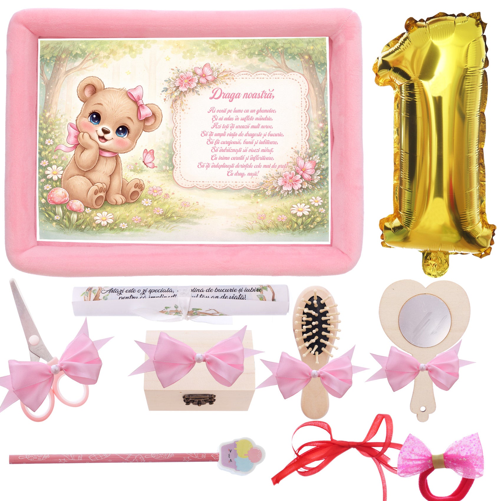 Tava mot fete, aniversare 1 an, model cu Ursulet, catifea roz, 10 piese, 34x25 cm, REC5011/54
