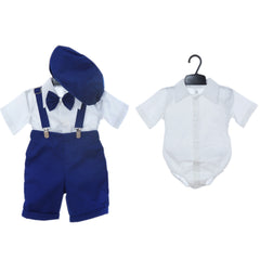 Costum cu maneca scurta pentru botez baieti, albastru electric compus din 4 piese, Pantaloni cu beretele, Camasa tip body, Papion si Bascuta, Recostore®, REC2706