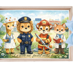 Tava pentru taiere mot, model Animalute cu meserii, Bleu, 10 piese, 35x20 cm, REC1967/368
