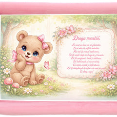 Tava mot fete, aniversare 1 an, model cu Ursulet, catifea roz, 10 piese, 34x25 cm, REC5011/54
