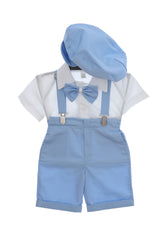 Costum cu maneca scurta pentru botez baieti, bleu compus din 4 piese, Pantaloni cu beretele, Camasa tip body, Papion si Bascuta, Recostore®, REC2707