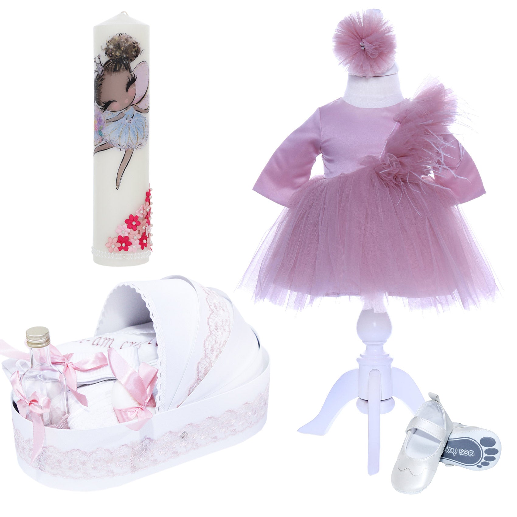 Set trusou complet pentru botez de fete model Zana, 10 piese, Rochita, lumanare cu zana, trusou tip landou  brodat si pantofiori, Recostore®, REC2494