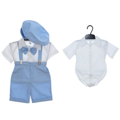 Costum cu maneca scurta pentru botez baieti, bleu compus din 4 piese, Pantaloni cu beretele, Camasa tip body, Papion si Bascuta, Recostore®, REC2707