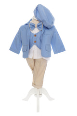 Costum botez baieti, bleu-crem compus din 5 piese, sacou, camasa, pantaloni bascuta si papion, Recostore®, REC2744
