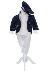 Costum print pentru botez baieti, 4 piese, bleumarin-alb, REC3356