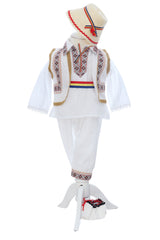 Costumas traditional romanesc pentru botez baietel, alb-crem, 6 piese, Recostore®, REC3496