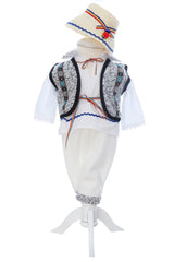 Costumas traditional romanesc pentru botez baietel, alb-gri, 6 piese, Recostore®, REC3497