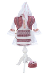 Costumas traditional romanesc pentru botez fetita, alb-roz, 5 piese, Recostore®, REC3504