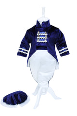 Trusou complet pentru botez de baieti, trusou brodat cu coroana, lumanare cu bebe print, costum print si pantofiori, bleumarin, 15 piese,  Recostore®, REC2665