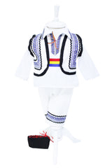 Costum popular pentru botez, alb-albastru cu motive traditionale, 5 piese, camasa, brau, vesta, pantaloni, botosi, pentru baieti, REC24