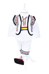 Costum popular pentru botez, alb-rosu cu motive traditionale, 5 piese, camasa, brau, vesta, pantaloni, botosi, pentru baieti, REC23