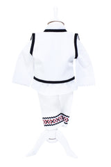 Costum popular pentru botez, alb-rosu cu motive traditionale, 5 piese, camasa, brau, vesta, pantaloni, botosi, pentru baieti, REC23