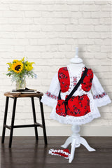 Costum traditional romanesc pentru botez, alb-rosu, 5 piese, REC8