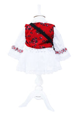 Costum traditional romanesc pentru botez, alb-rosu, 5 piese, REC8