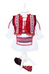 Costum traditional romanesc pentru botez, alb-rosu, 5 piese, rochie, fota, vesta, botosi, batic, pentru fetite, REC6