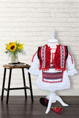 Costum traditional romanesc pentru botez, alb-rosu, 5 piese, rochie, fota, vesta, botosi, batic, pentru fetite, REC6