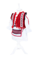 Costum traditional romanesc pentru botez, alb-rosu, 5 piese, rochie, fota, vesta, botosi, batic, pentru fetite, REC6