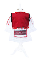 Costum traditional romanesc pentru botez, alb-rosu, 5 piese, rochie, fota, vesta, botosi, batic, pentru fetite, REC6