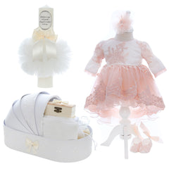 Trusou complet pentru botez de fete, trusou simplu, lumanare cu "Radacini si aripi de la parinti",  rochita cu trena, bentita si pantofiori, roz-ivoire, 12 piese,  Recostore®, REC2694
