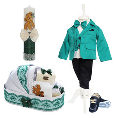 Trusou complet pentru botez de baieti personalizat cu Simba, Trusou brodat, lumanare, costum si pantofiori, verde, 15 piese, Recostore®, REC2668