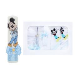 Set trusou si lumanare pentru botez, model Mickey Mouse, 8 piese, Bleu, Recostore®, REC2586