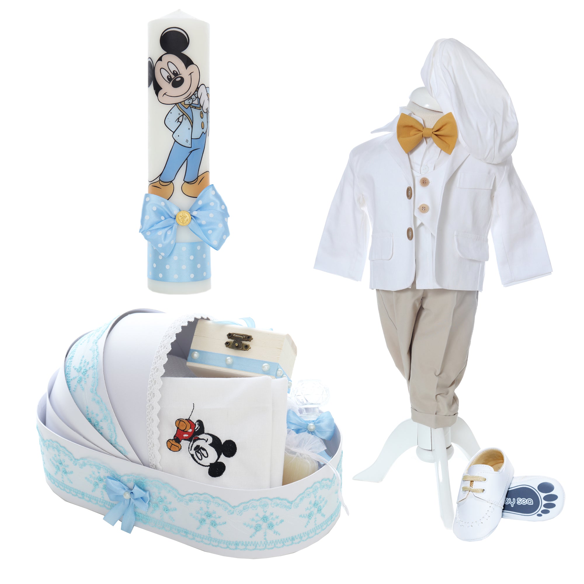 Trusou complet pentru botez de baieti, model cu Mickey Mouse, trusou brodat, lumanare, costum si pantofiori, bleu, 15 piese, Recostore®, REC2642
