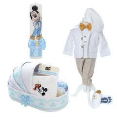 Trusou complet pentru botez de baieti, model cu Mickey Mouse, trusou brodat, lumanare, costum si pantofiori, bleu, 15 piese, Recostore®, REC2642
