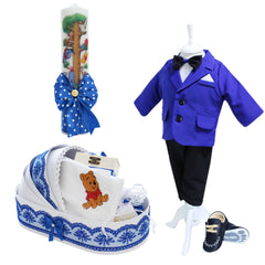 Trusou complet pentru botez de baieti, trusou brodat cu Winnie The Pooh, lumanare cu Winnie The Pooh, costum si pantofiori, albastru electric, 15 piese,  Recostore®, REC2659