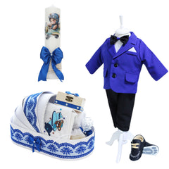 Trusou complet pentru botez de baieti, trusou brodat ursulet, lumanare cu ursulet, costum si pantofiori, albastru electric, 15 piese,  Recostore®, REC2656