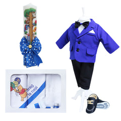 Set trusou complet pentru botez de baieti, albastru electric, model Winnie The Pooh, 13 piese, Costum, Lumanare cu Winnie The Pooh, trusou imprimat si pantofiori, REC2568